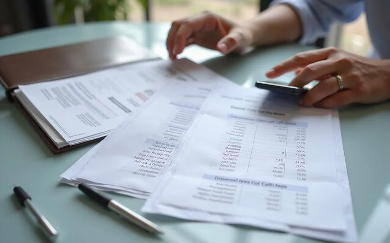 A new mother reviewing a printed insurance policy and a confinement centre package quote side by side at a desk