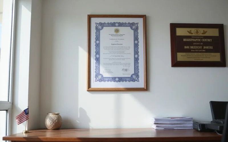 A confinement centre reception area with a visible business registration certificate framed on the wall