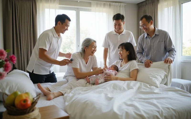 A small family group, including grandparents, visiting a new mother and baby in a comfortable confinement centre lounge