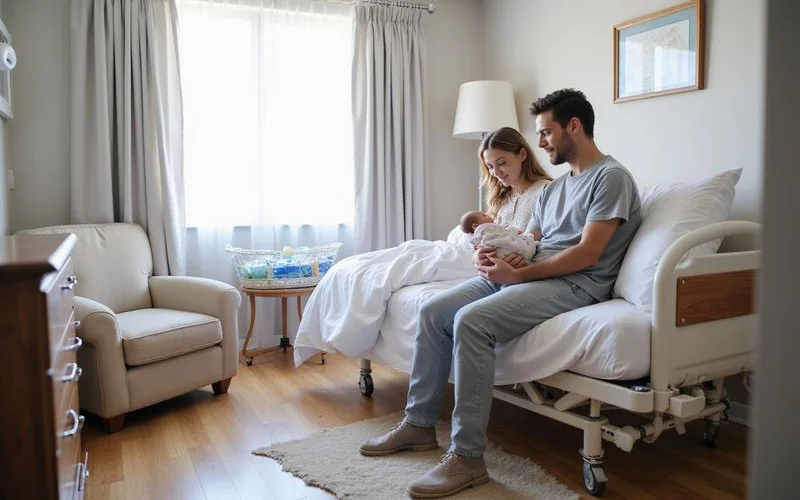 A father gently holding his newborn baby while visiting a confinement centre room during set visiting hours
