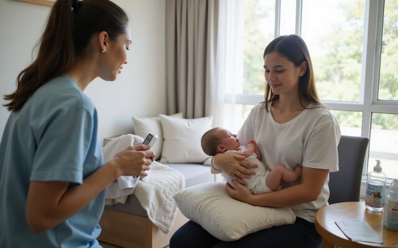 A lactation consultant gently guiding a new mother through a breastfeeding position in a private confinement centre room