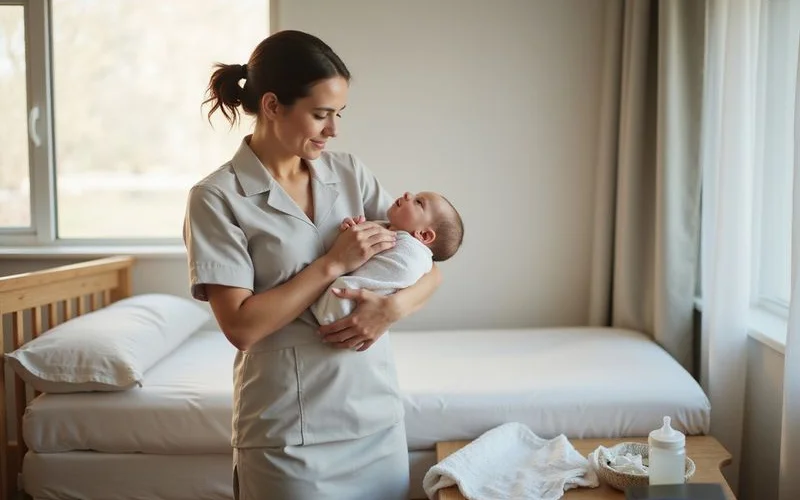 A mother resting in bed while a nanny gently holds a swaddled newborn nearby in a bright confinement centre room