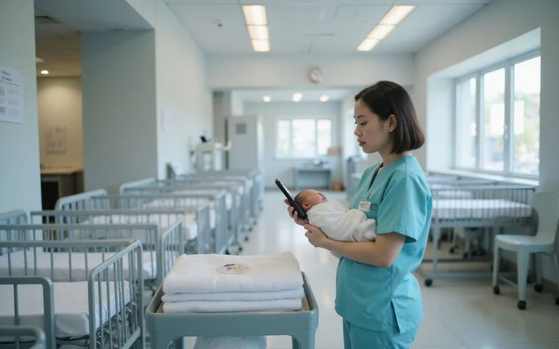 A nurse checking a newborn in a bassinet inside a clean, well-lit confinement centre nursery room