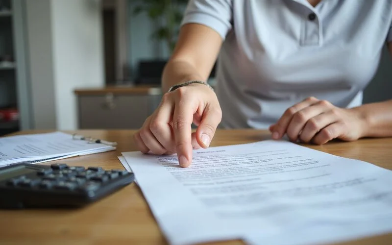 A parent reviewing and signing a confinement centre service agreement at a desk with a pen and printed contract